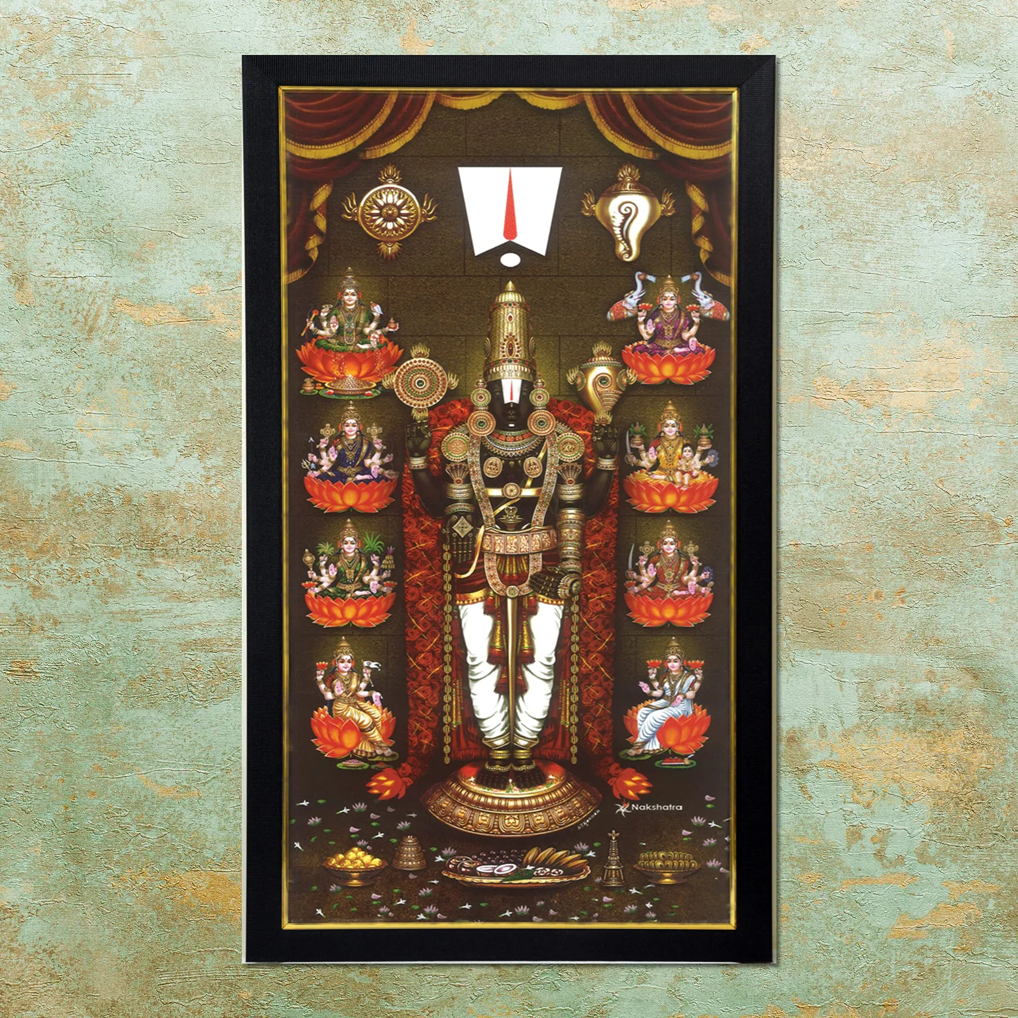 101Temples - Divinity Eternity Spirituality Asta Lakshmi Venkateswara Swamy God Wooden Photo Frame with Wall Hook, 1 Piece | 10” x 13”, Matt Finish