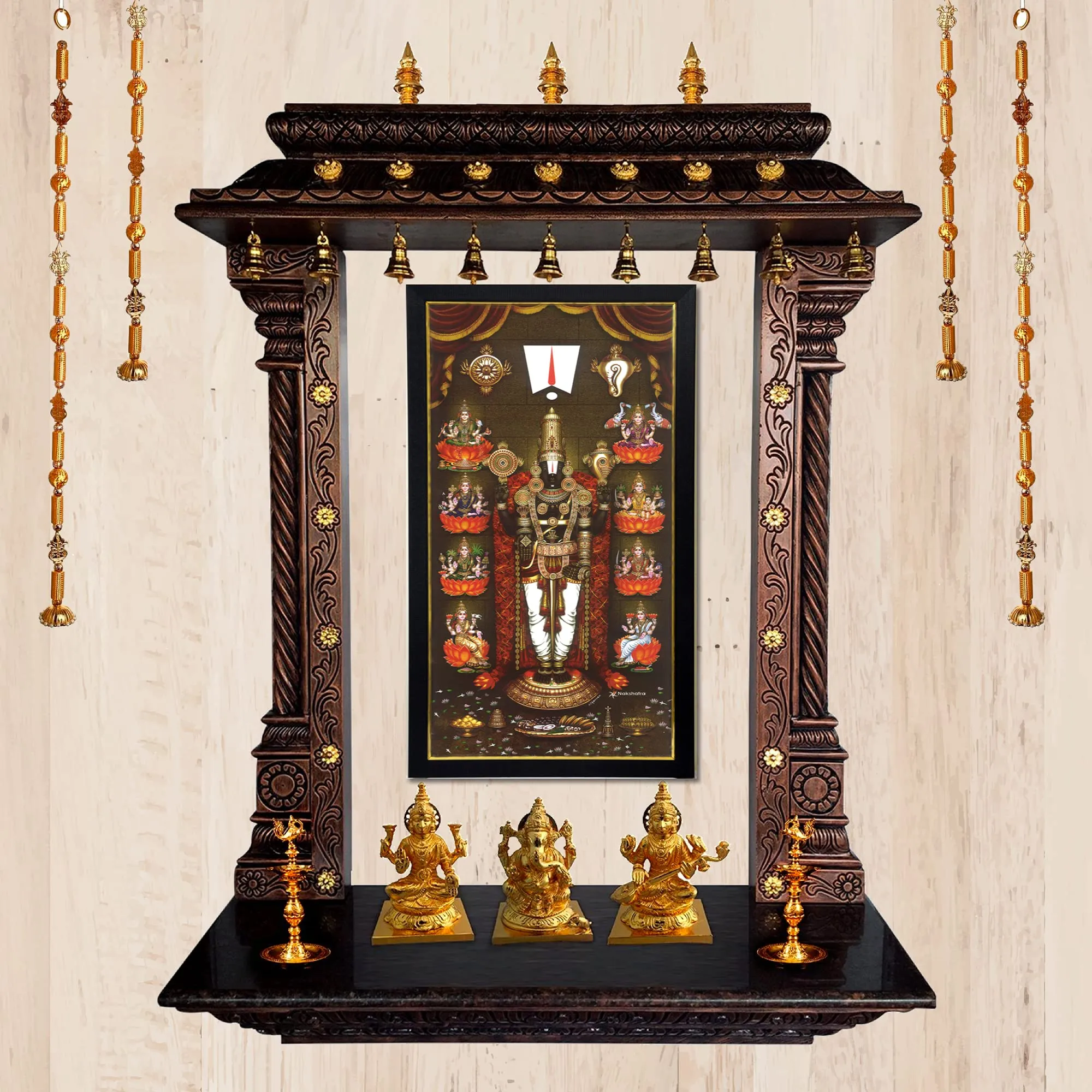 101Temples - Divinity Eternity Spirituality Asta Lakshmi Venkateswara Swamy God Wooden Photo Frame with Wall Hook, 1 Piece | 10” x 13”, Matt Finish