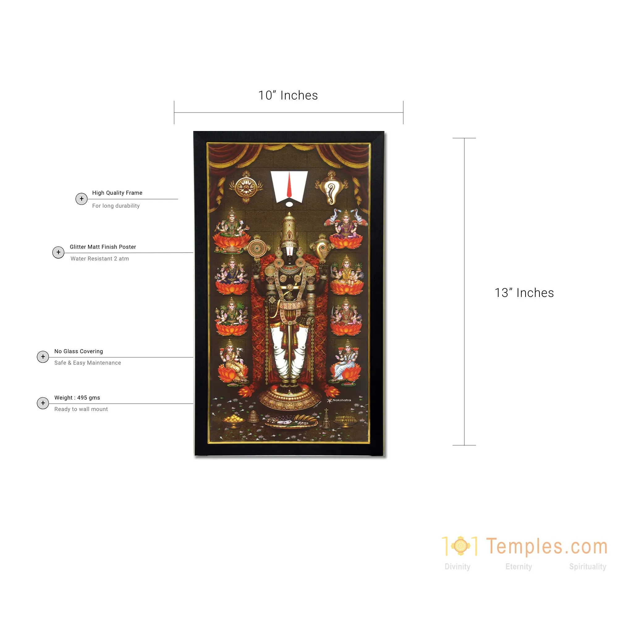 101Temples - Divinity Eternity Spirituality Asta Lakshmi Venkateswara Swamy God Wooden Photo Frame with Wall Hook, 1 Piece | 10” x 13”, Matt Finish