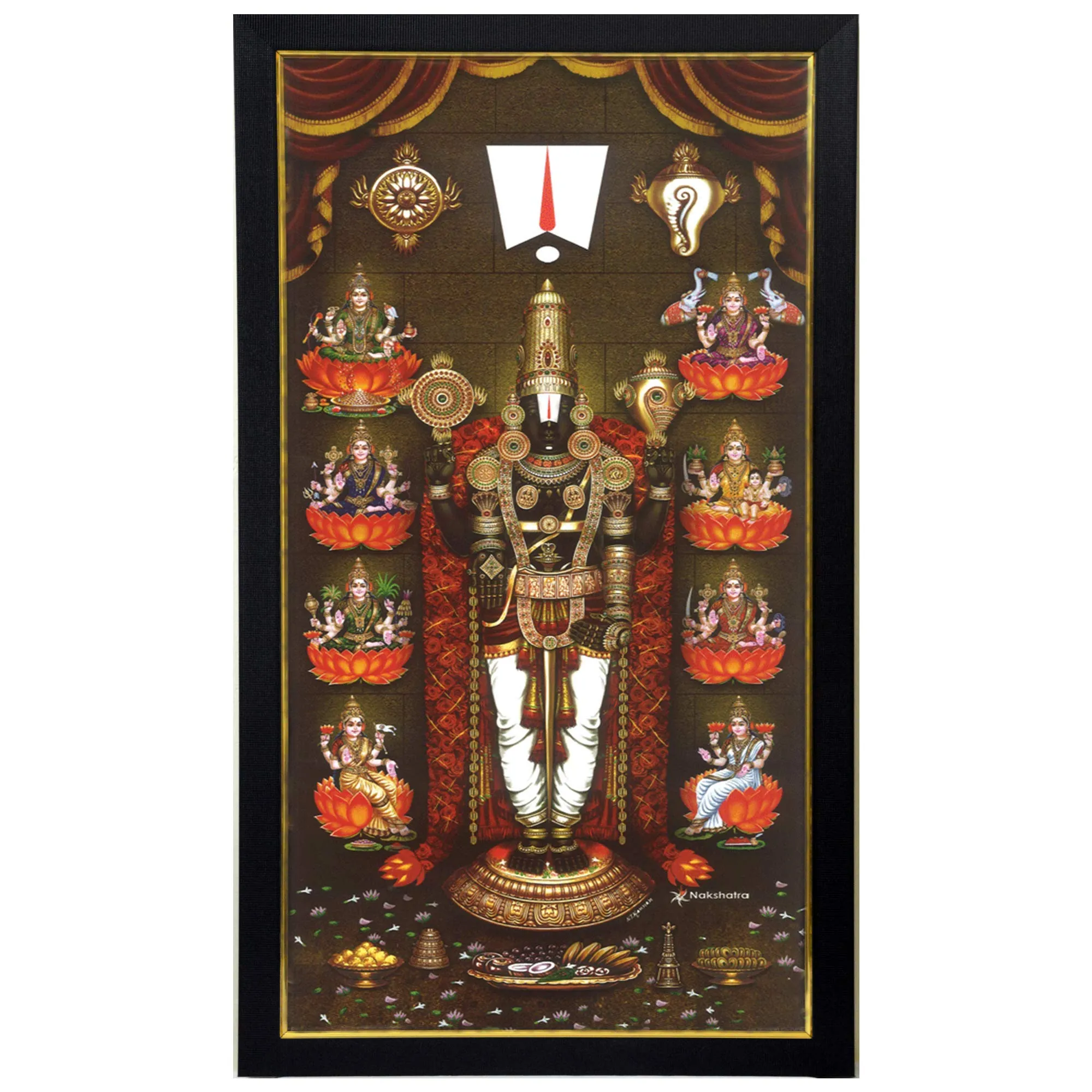 101Temples - Divinity Eternity Spirituality Asta Lakshmi Venkateswara Swamy God Wooden Photo Frame with Wall Hook, 1 Piece | 10” x 13”, Matt Finish