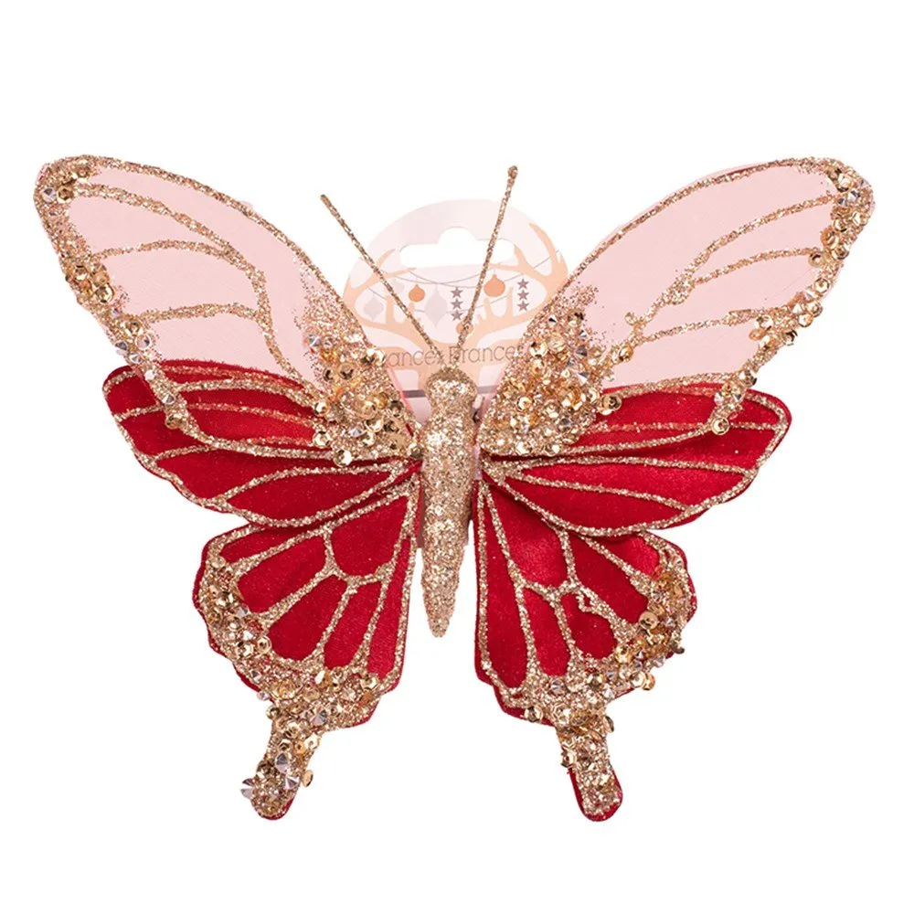 18cm Burgundy & Champagne Butterfly with Clip Tree Ornament