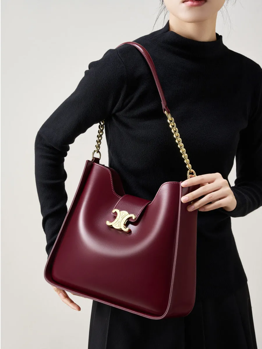 30CM women's handbag chain leather armpit bucket mother handbag 2927 Wine Red