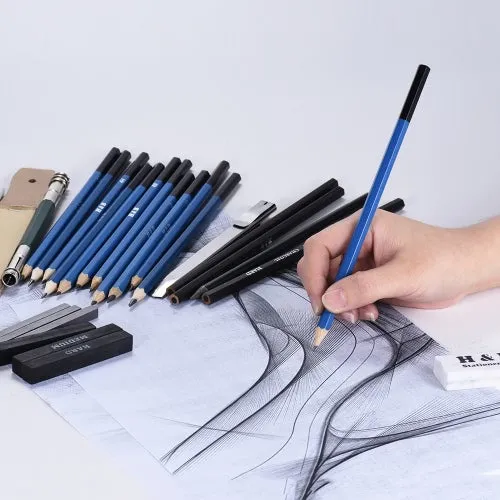 32pcs/Set Professional Drawing Sketch Pencil Kit Including Sketch Pencils Graphite & Charcoal Pencils Sticks Erasers Sharpeners with Carrying Bag for Art Supplies Students