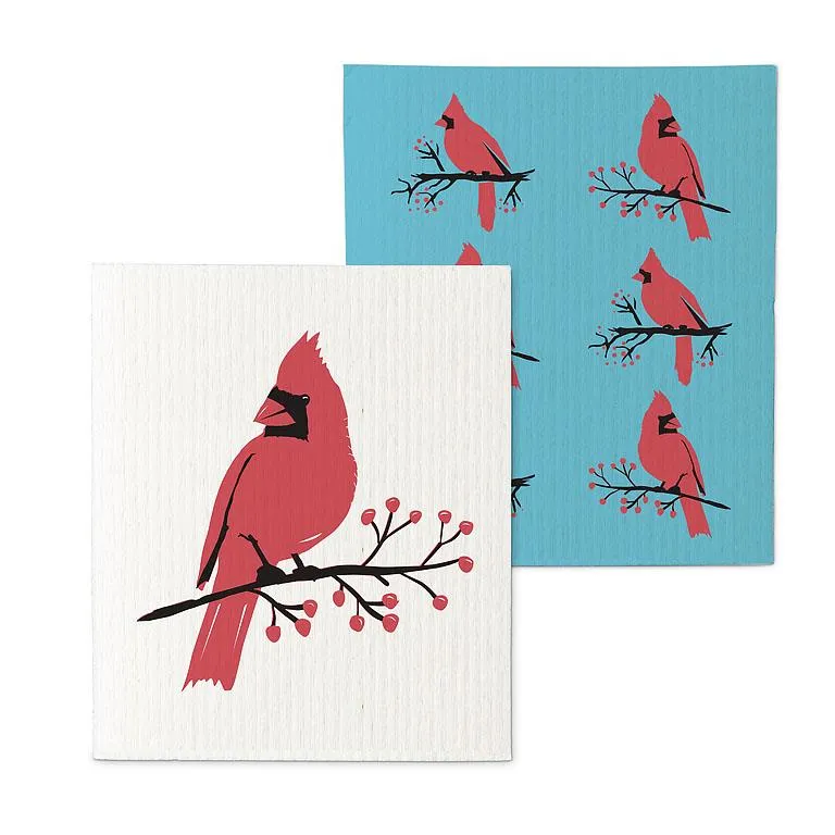 Amazing Swedish Dishcloth ~ Cardinal on Branch ~  Set of 2