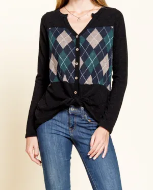 Argyle Plaid Front Button-Down Knit Top