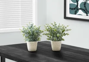 Artificial Plant, 13" Tall, Eucalyptus Grass, Indoor, Faux, Fake, Table, Greenery, Potted, Set Of 2, Decorative, Green Leaves, White Pots