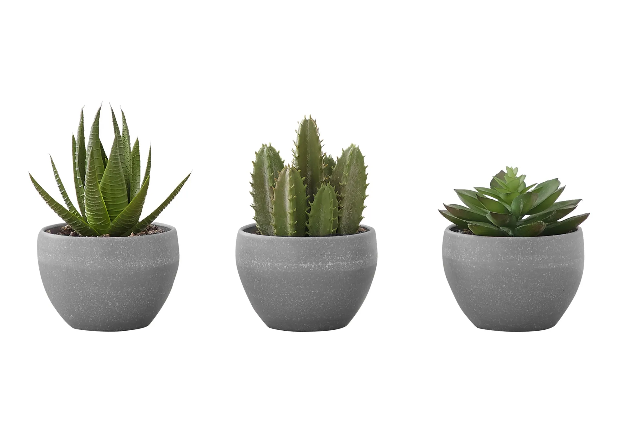 Artificial Plant, 6" Tall, Succulent, Indoor, Faux, Fake, Table, Greenery, Potted, Set Of 3, Decorative, Green Plants, Grey Cement Pots