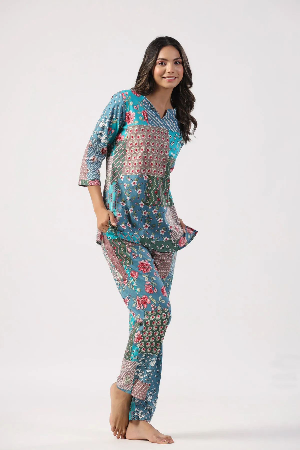 Artistic Bloom Cotton Loungewear Top Set