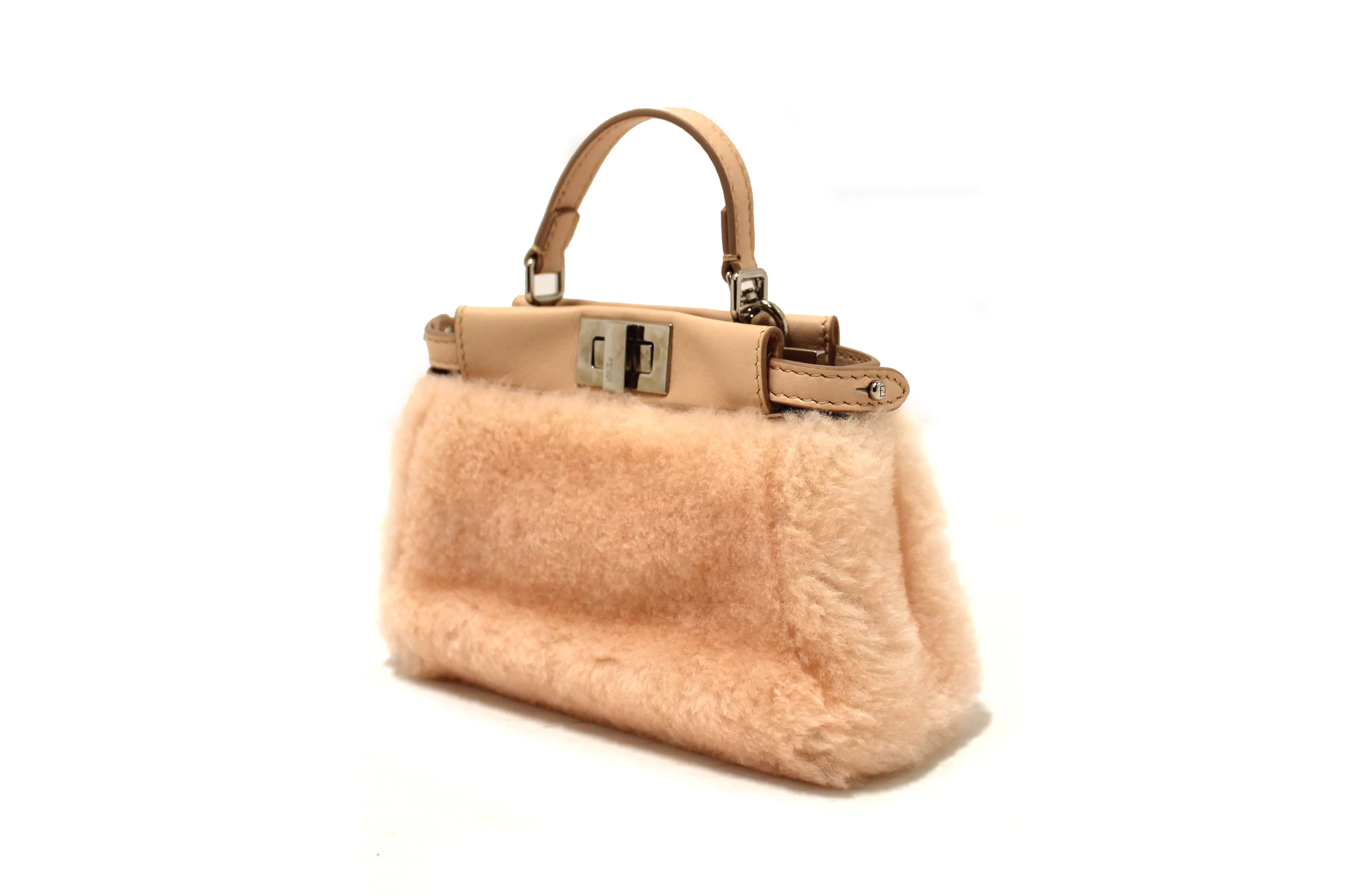 Authentic Fendi Pink Shearling and Leather Micro Peekaboo Bag