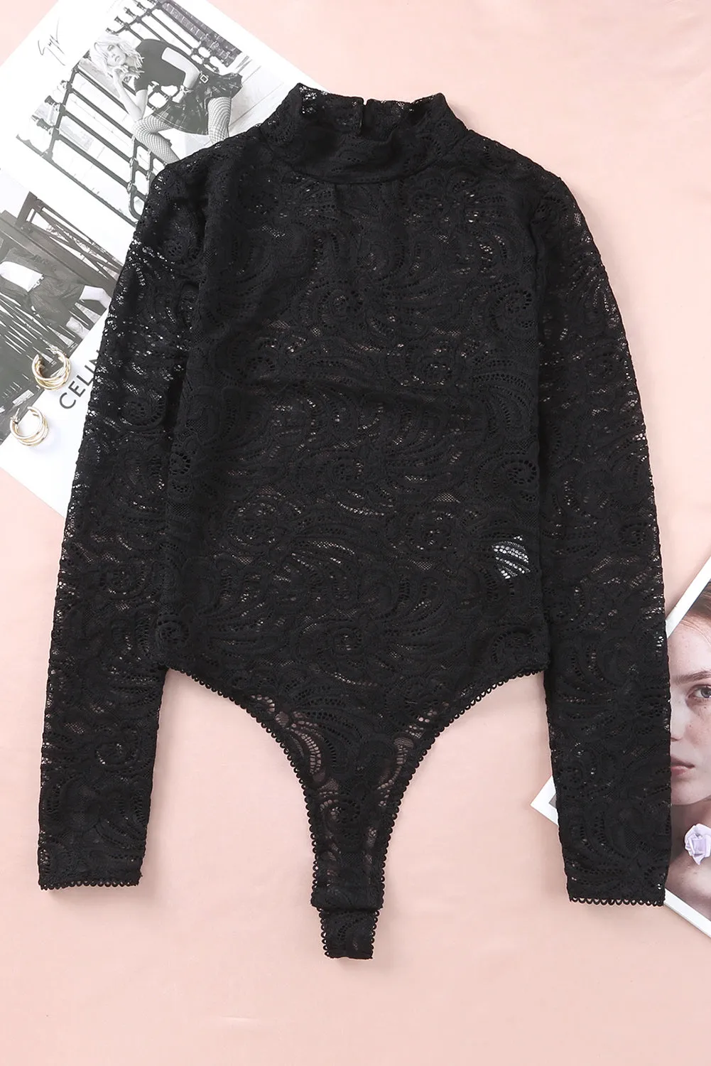 BerryBetty - Black Long Sleeve High Neck Skinny Lace Bodysuit