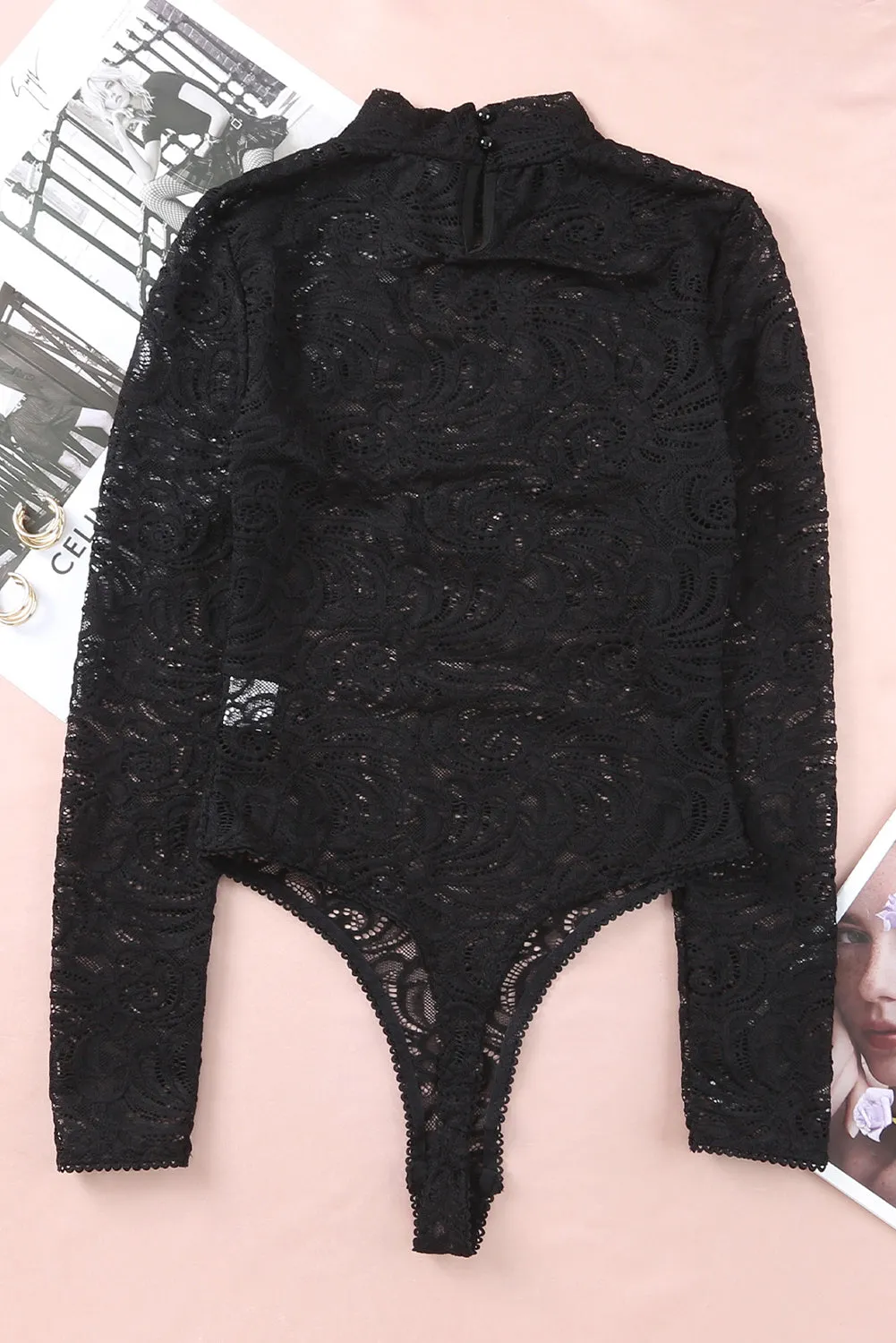 BerryBetty - Black Long Sleeve High Neck Skinny Lace Bodysuit