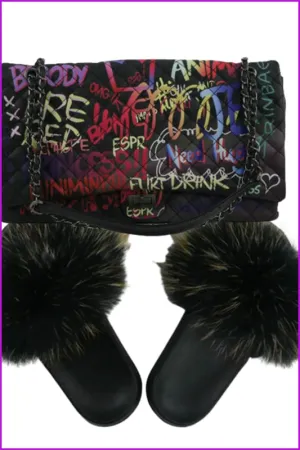 Big Graffiti Black Milti Color Purse with Black Mixed Fur Slides Set