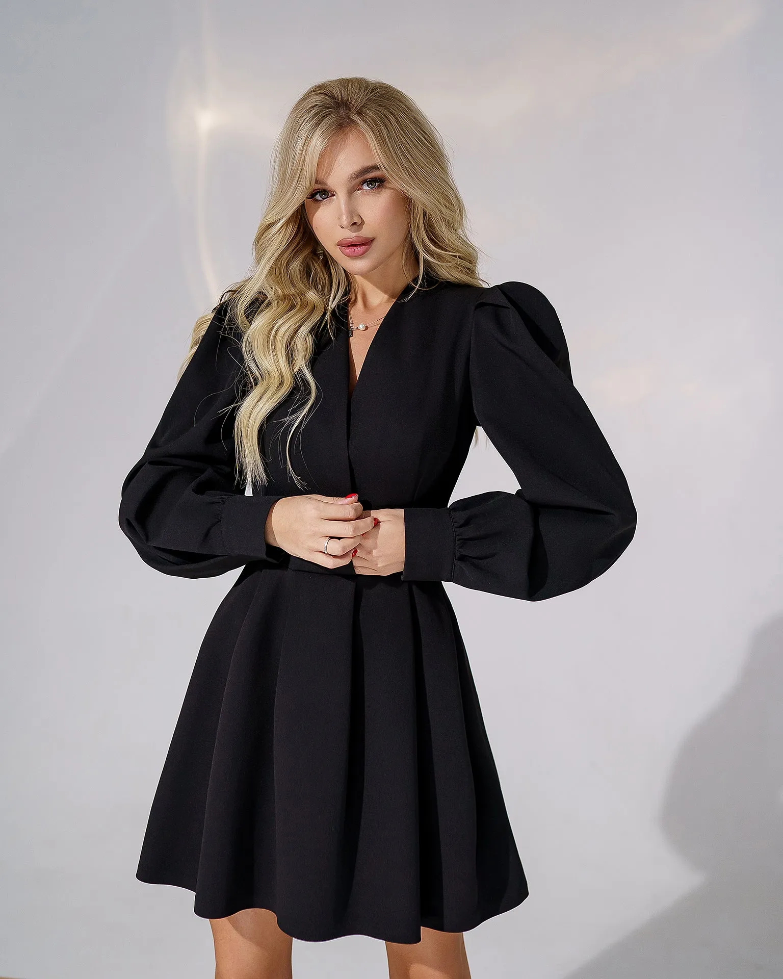 Black Puff-Sleeve V-Neck Mini Dress