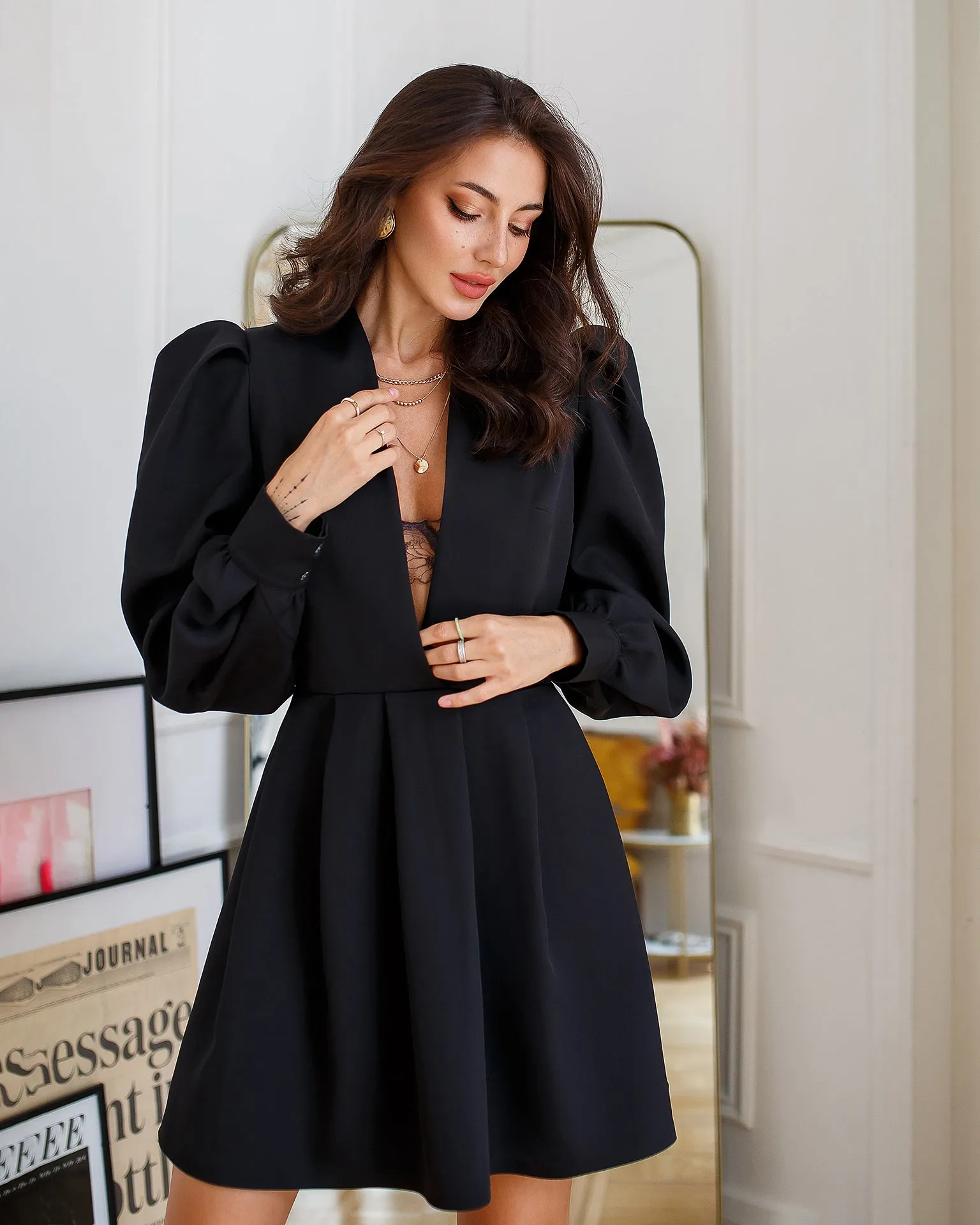 Black Puff-Sleeve V-Neck Mini Dress