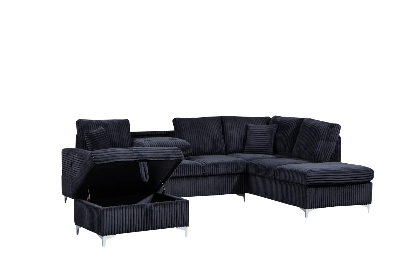 Black Velvet Sectional With Storage Ottoman- Model #2620