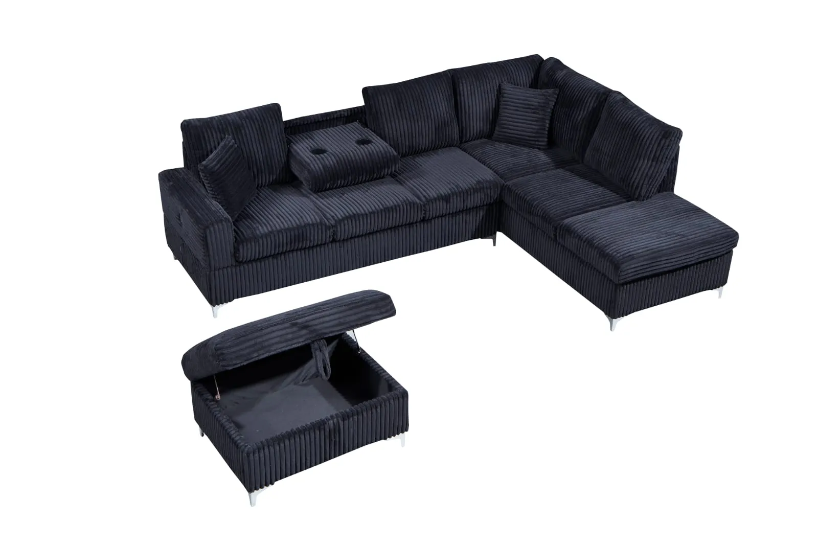 Black Velvet Sectional With Storage Ottoman- Model #2620