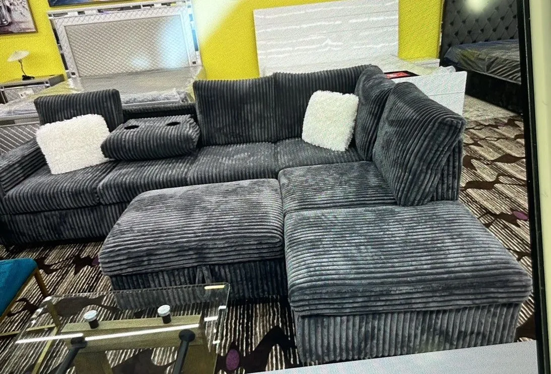 Black Velvet Sectional With Storage Ottoman- Model #2620