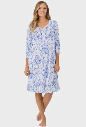 Blue Damask 3/4 Sleeve Nightgown