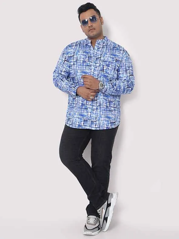 Blue Mozaic Printed  Chinese Collar Men's Plus Size Full Shirt