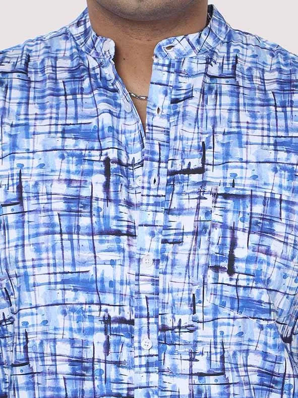 Blue Mozaic Printed  Chinese Collar Men's Plus Size Full Shirt