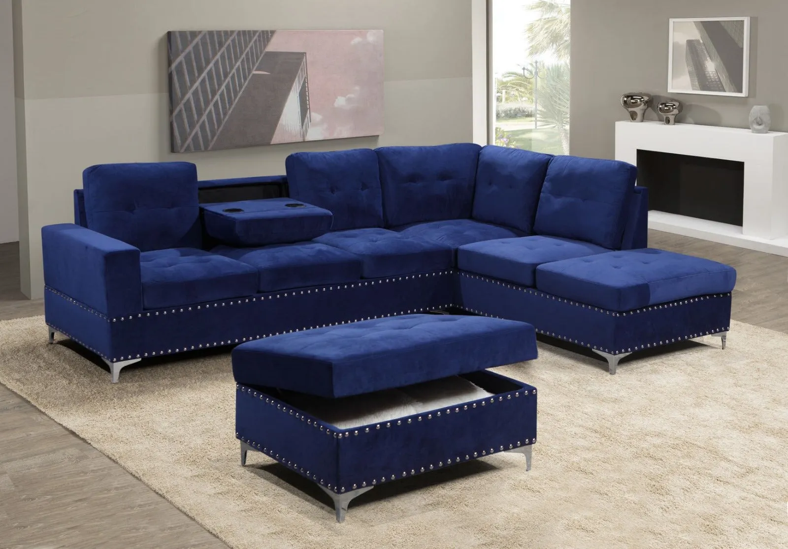 Blue Velvet Sectional With Storage Ottoman & Cup Holders- Model #2620