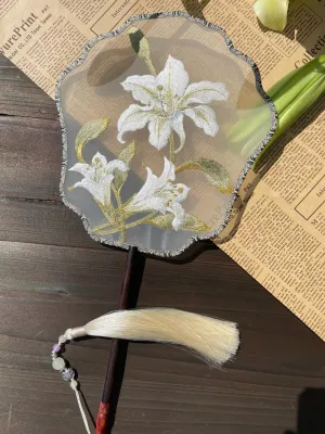 Bluedail Single Side Embroidered Lily Flower Handheld Decorative Fan Chinese Gift