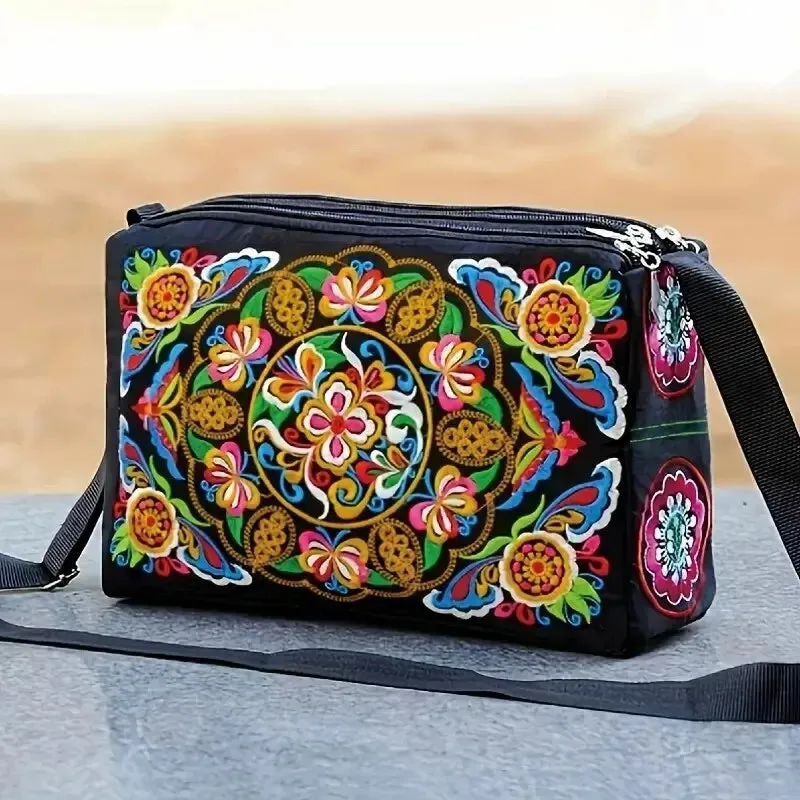 Bohemian Floral Embroidered Crossbody Bag Large Capacity Travel Shoulder Bags