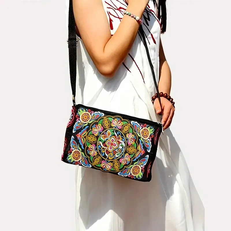 Bohemian Floral Embroidered Crossbody Bag Large Capacity Travel Shoulder Bags