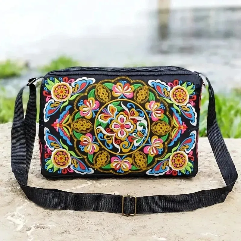 Bohemian Floral Embroidered Crossbody Bag Large Capacity Travel Shoulder Bags