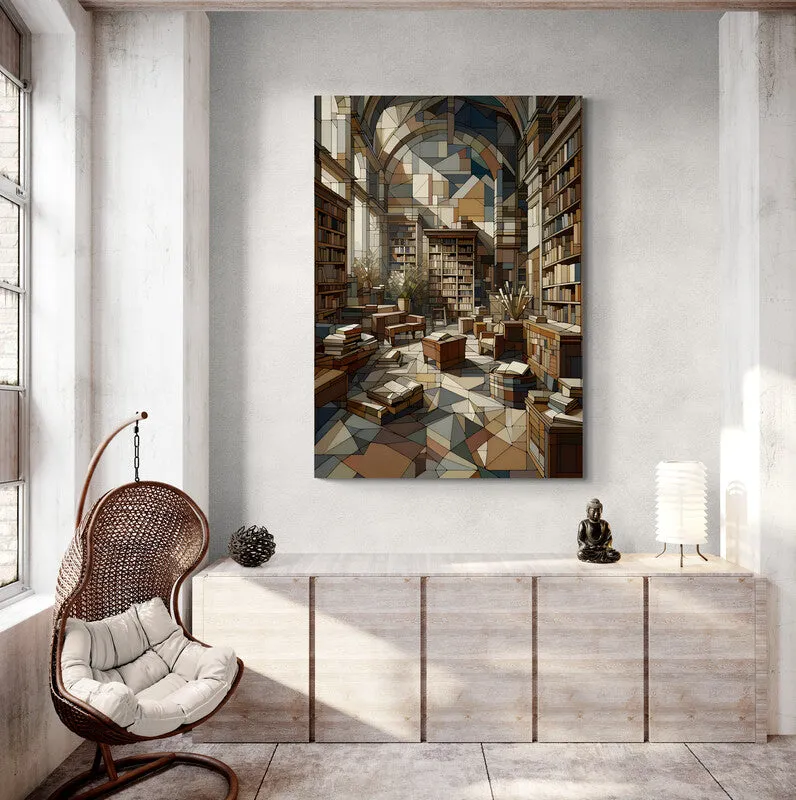 Bookish Tranquility: Cubist Wall Art - canvas