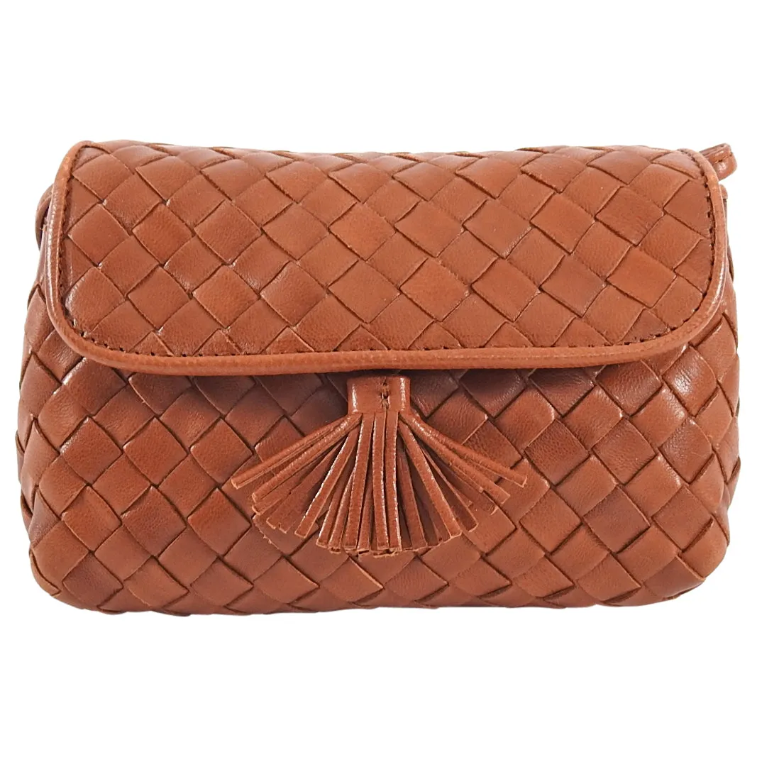 Bottega Veneta Vintage Mini Intrecciato Tan Leather Crossbody Bag