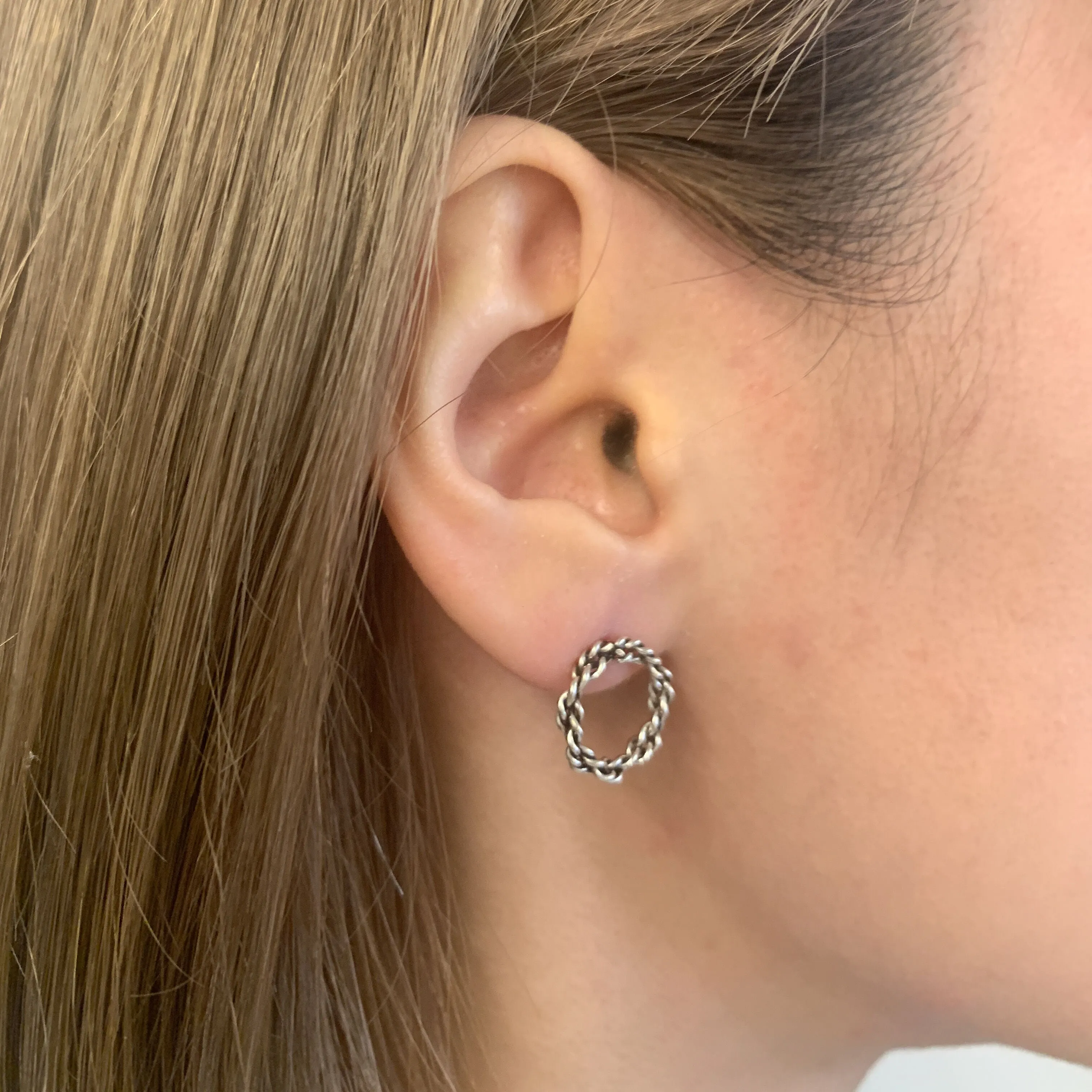 Braided Earrings - Circle Hoops -  Round Silver Earrings