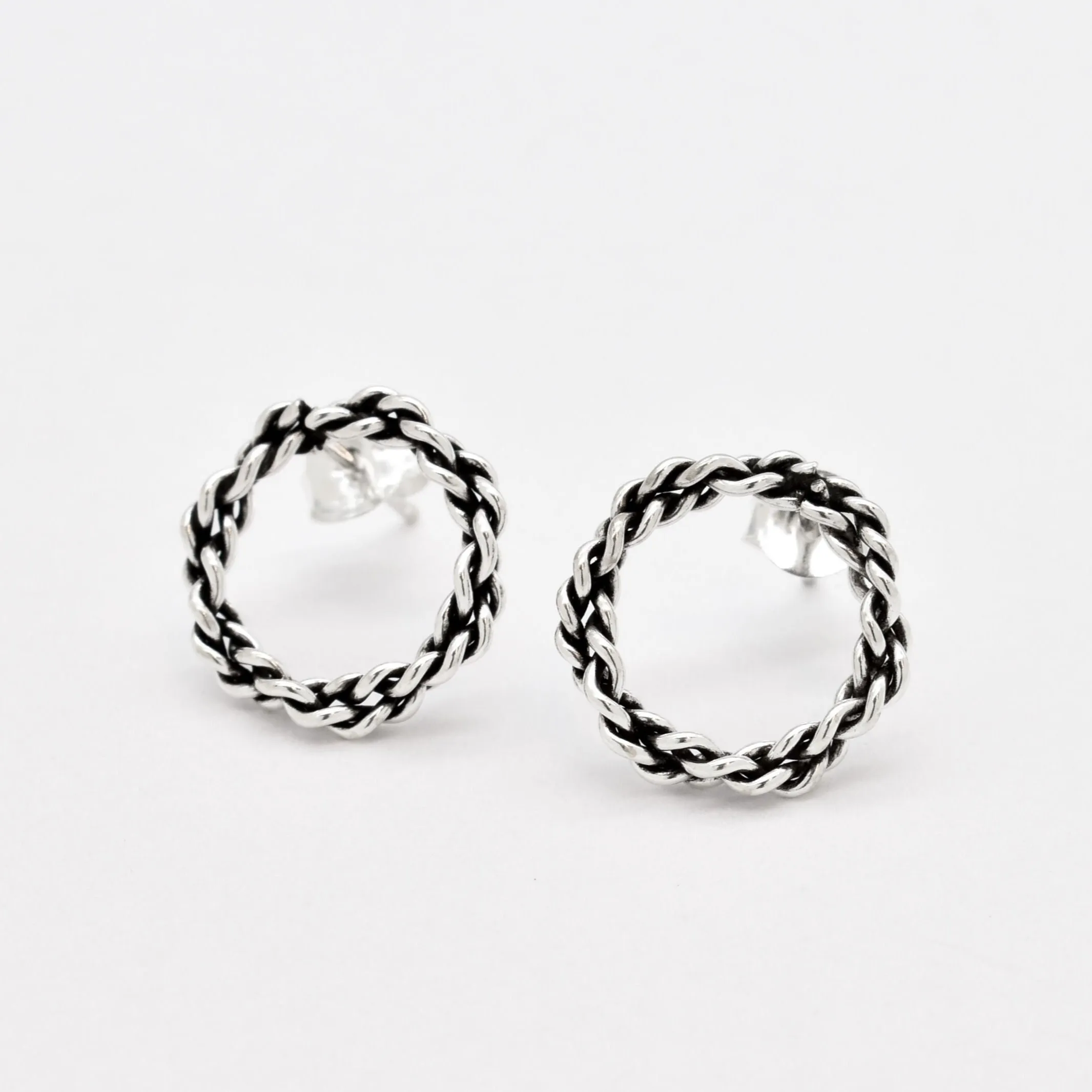 Braided Earrings - Circle Hoops -  Round Silver Earrings