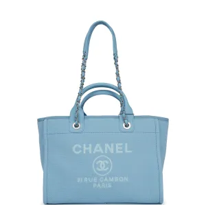 Chanel Small Deauville Shopping Bag Blue Boucle Silver Hardware