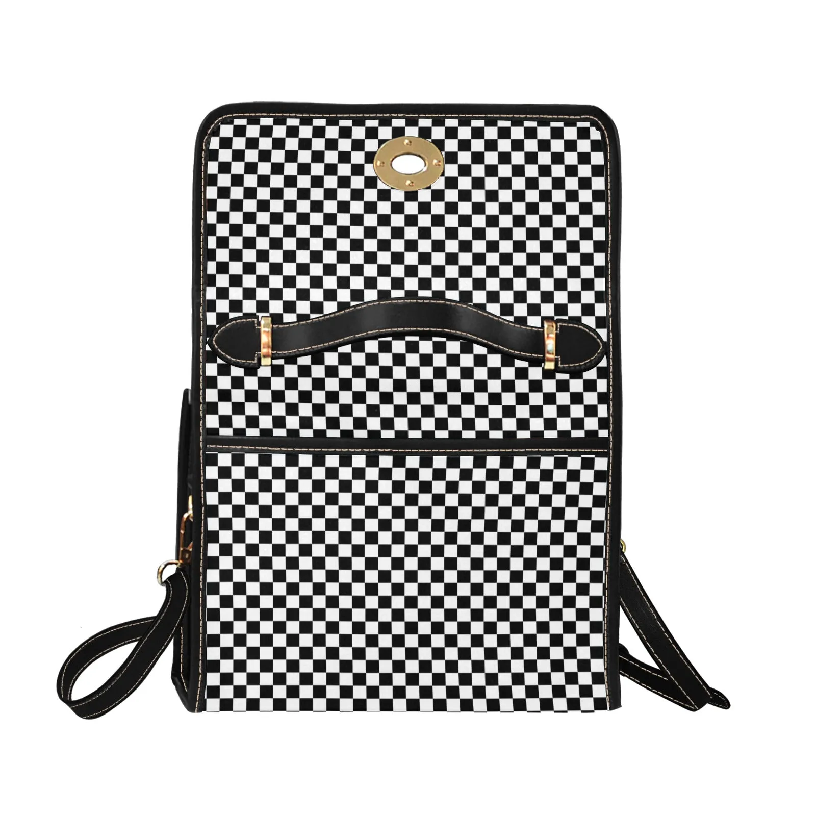 Checkered Satchel Purse bag, Black White Check Checkerboard Small Waterproof Cute Women Crossed Body Vegan Leather Strap Handbag