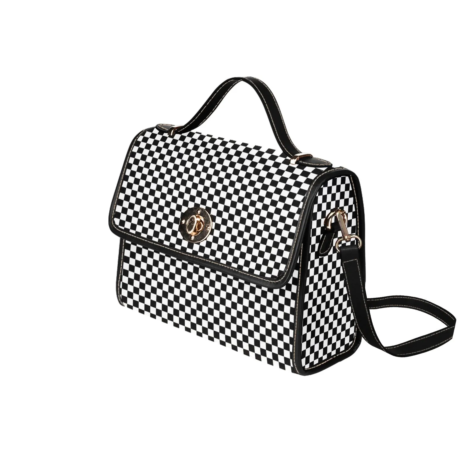 Checkered Satchel Purse bag, Black White Check Checkerboard Small Waterproof Cute Women Crossed Body Vegan Leather Strap Handbag