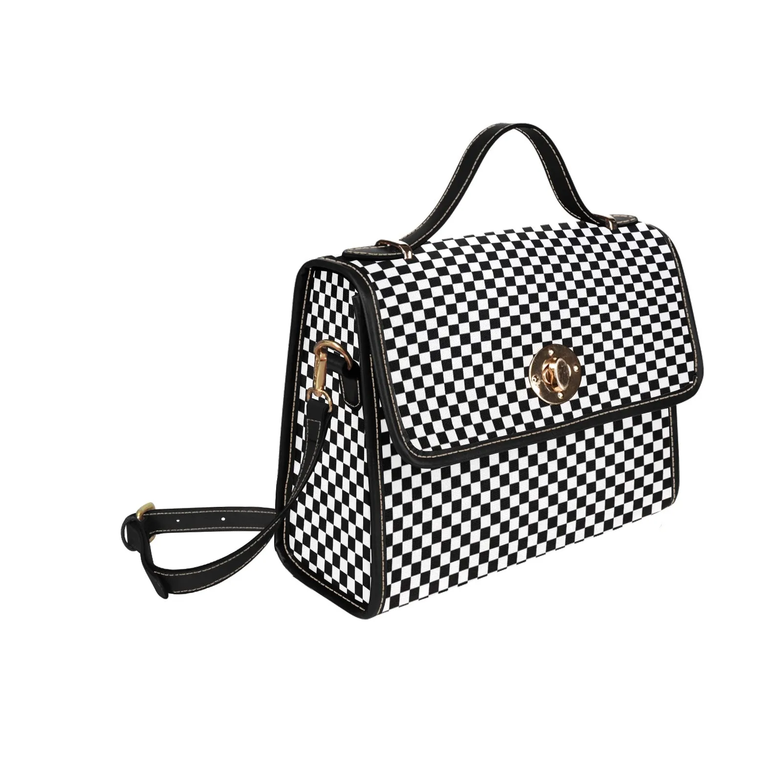 Checkered Satchel Purse bag, Black White Check Checkerboard Small Waterproof Cute Women Crossed Body Vegan Leather Strap Handbag