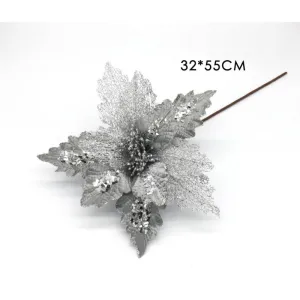 Christmas Artificial Flower Silver Poinsettia with Glitter 55cm