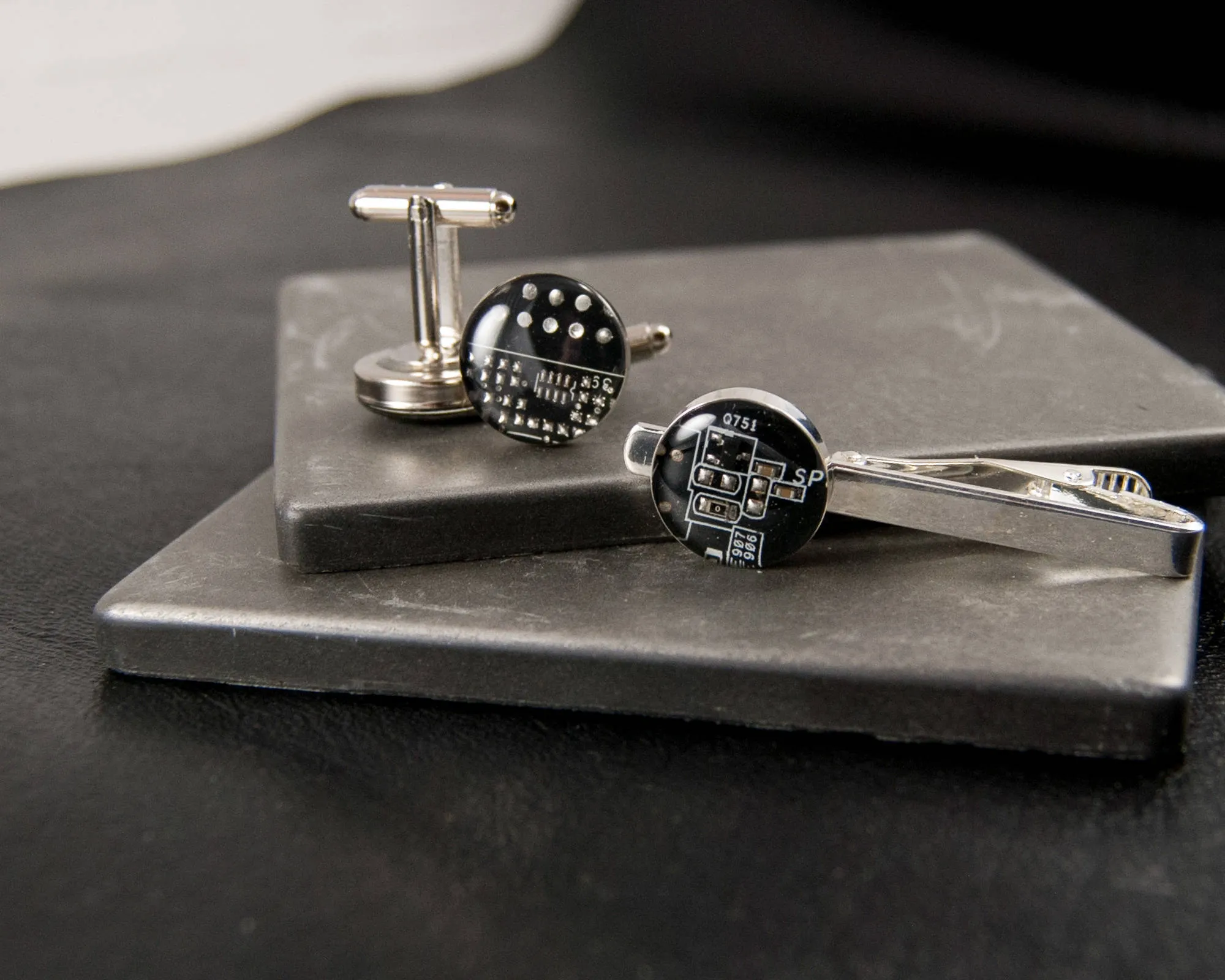 Circuit Board Cufflinks and Tie Bar Set