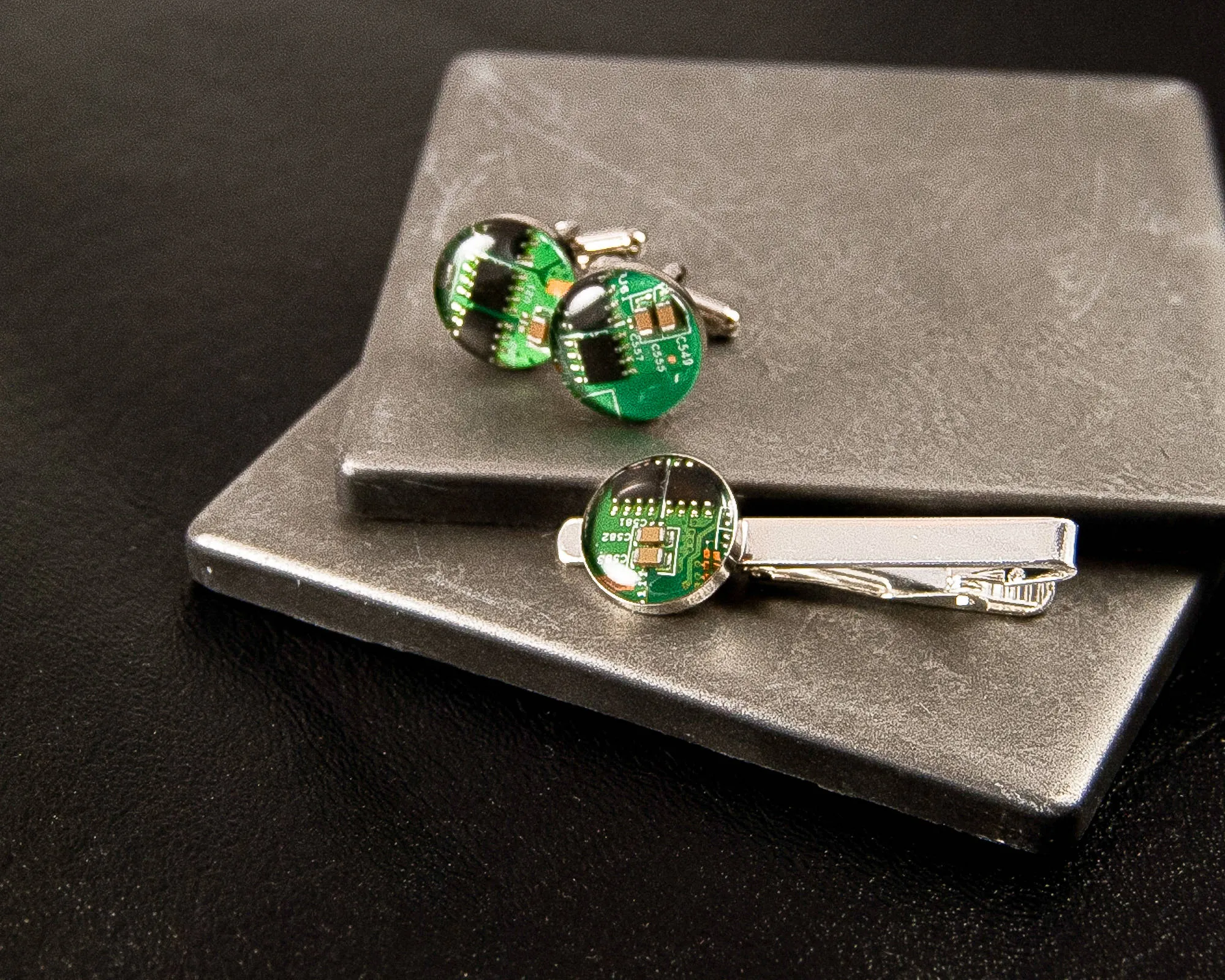 Circuit Board Cufflinks and Tie Bar Set