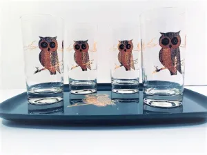 Couroc Signed Mid-Century Black and 22-Karat Gold Owl 5-Piece Set