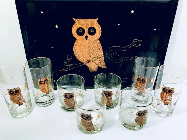 Couroc Signed Mid-Century Black and 22-Karat Gold Owl 9-Piece Set