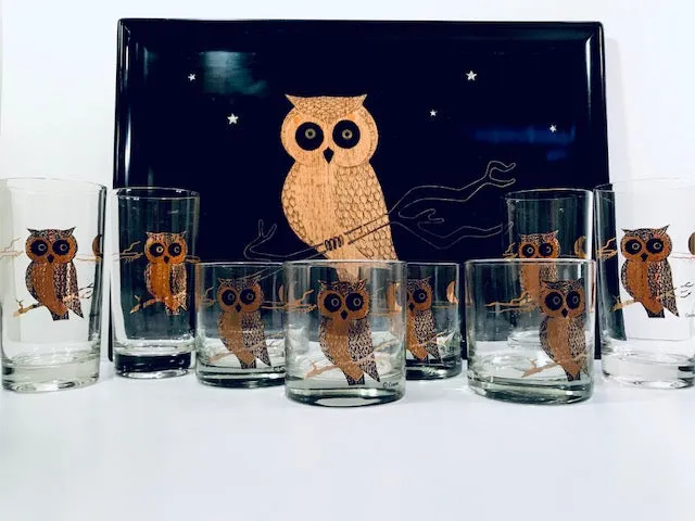 Couroc Signed Mid-Century Black and 22-Karat Gold Owl 9-Piece Set