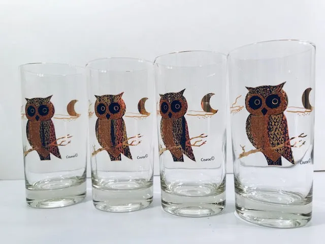 Couroc Signed Mid-Century Black and 22-Karat Gold Owl 9-Piece Set