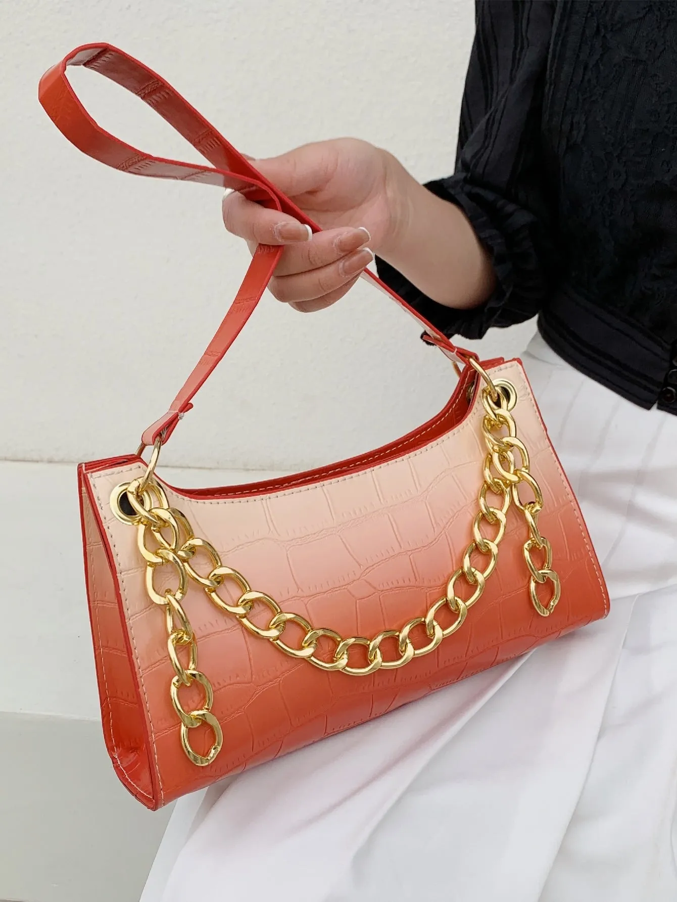 Croc Embossed Chain Decor Shoulder Bag