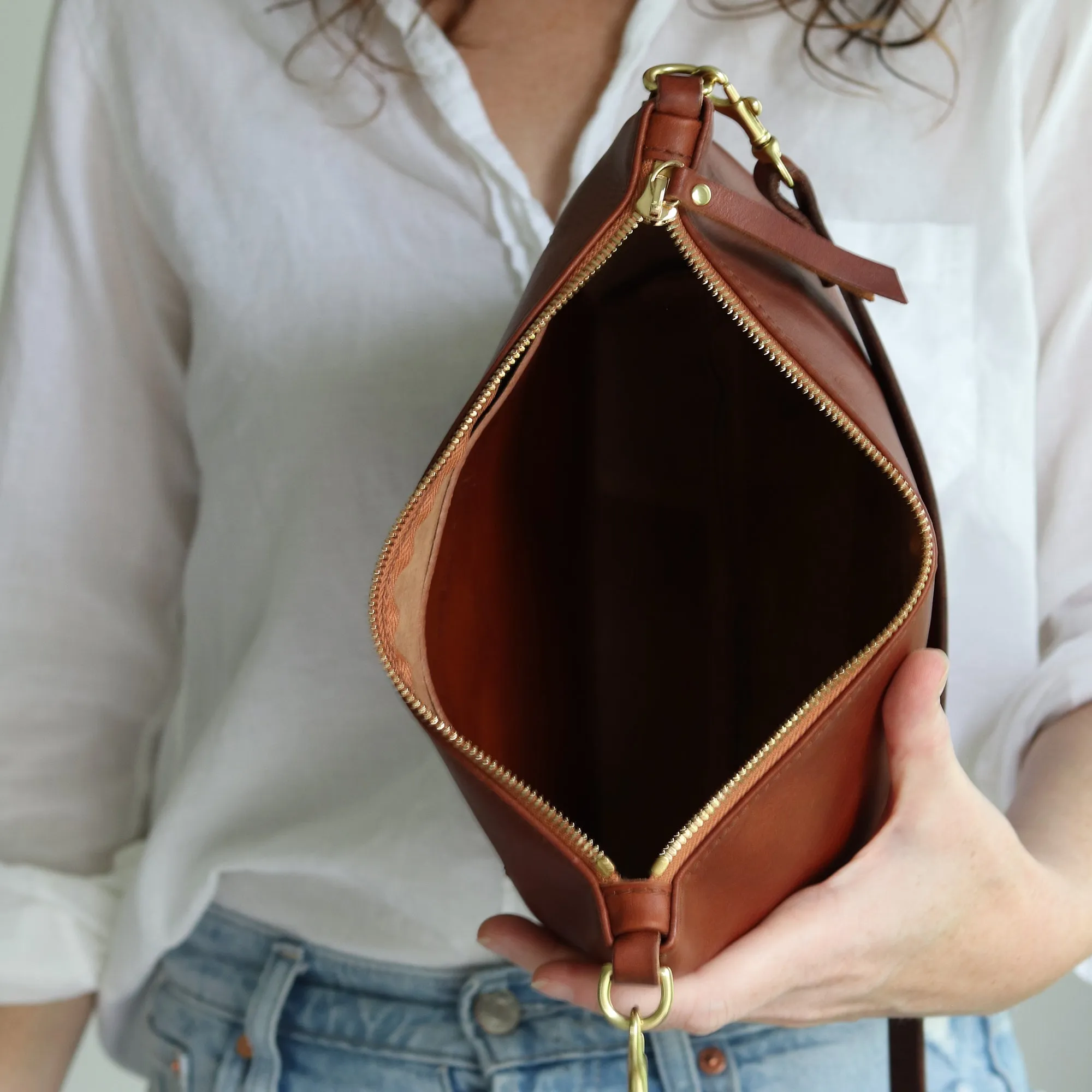 Crossbody Bag with Monogram - Cognac Brown