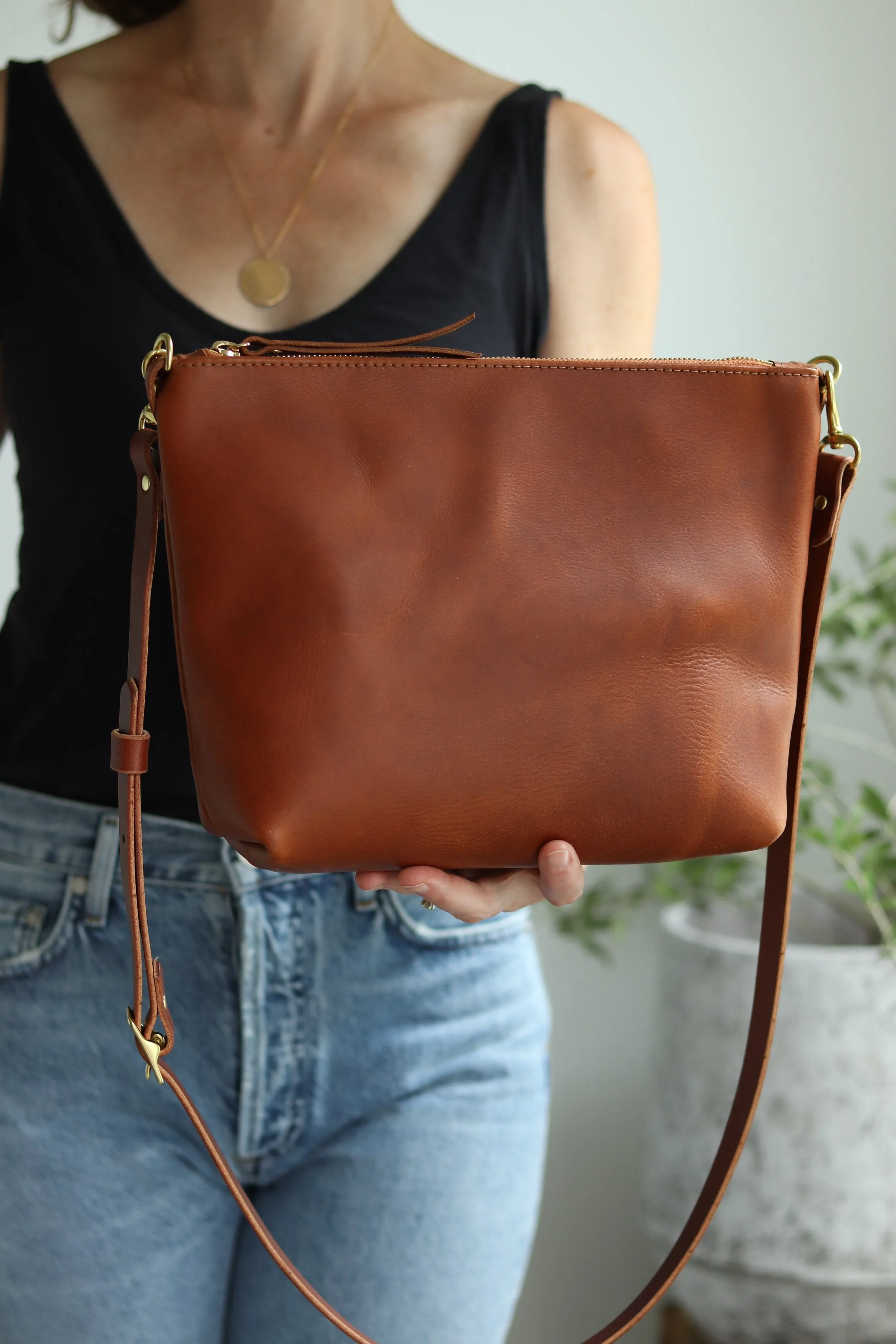 Crossbody Bag with Monogram - Cognac Brown