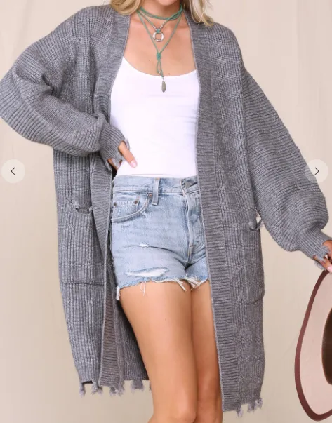 Cuffed Sleeve Grey Knit Cardigan