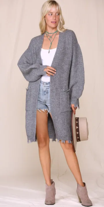 Cuffed Sleeve Grey Knit Cardigan