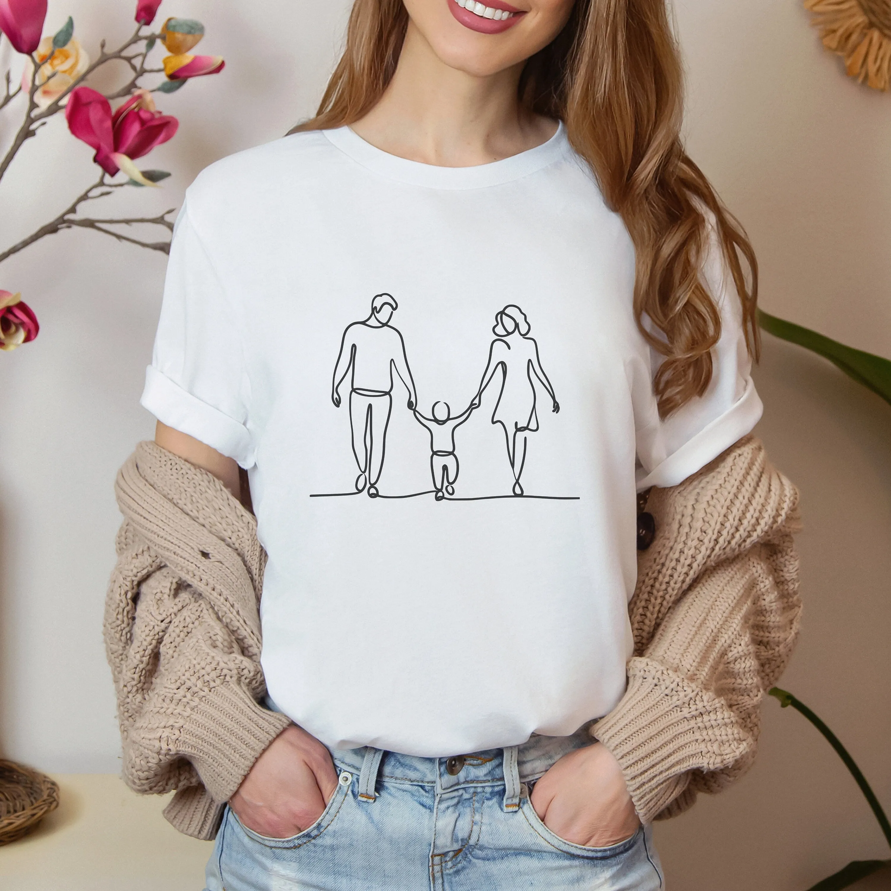 Custom Family of 3 Family Line Art T-Shirt, Line Art Photo Shirt, Birthday Gift, Custom Portrait, Photo Outline Tee For Father's Day Gift